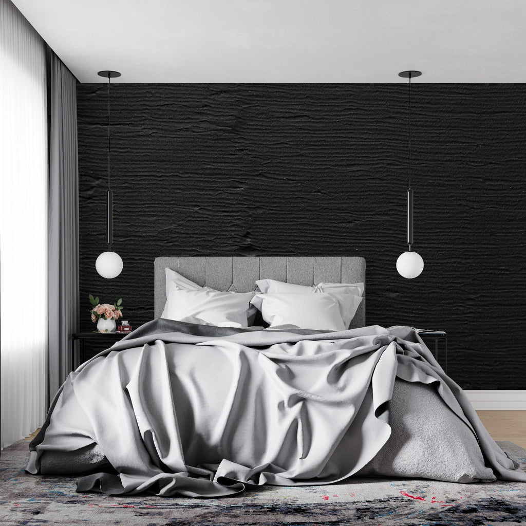 Modern wave pattern wallpaper in bedroom showing ripple texture detail