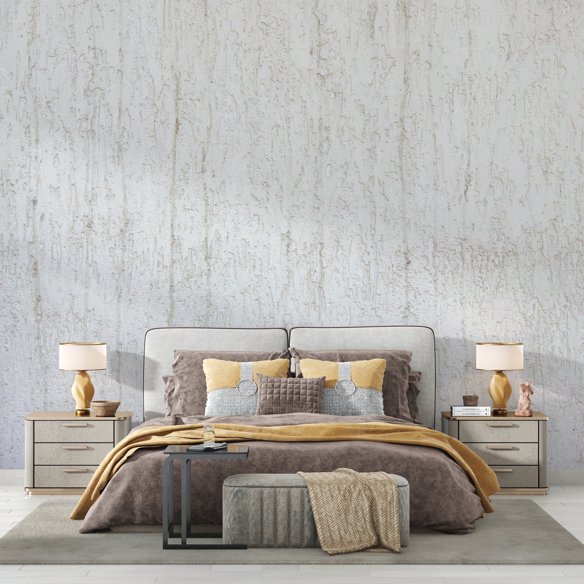 Textured relief wallpaper creating depth in minimal bedroom setting