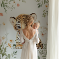Tiger cub nursery wallpaper in a cozy pink nursery with white furniture and soft lighting