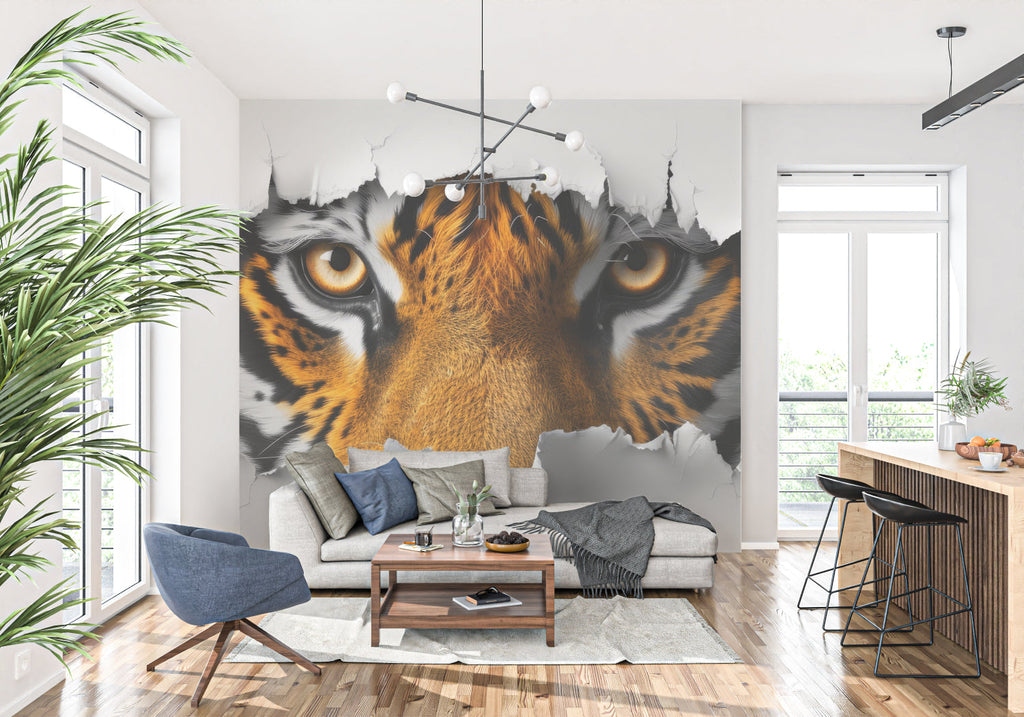 3D Tiger Eyes wallpaper creating drama in modern living room with grey sofa and warm lighting