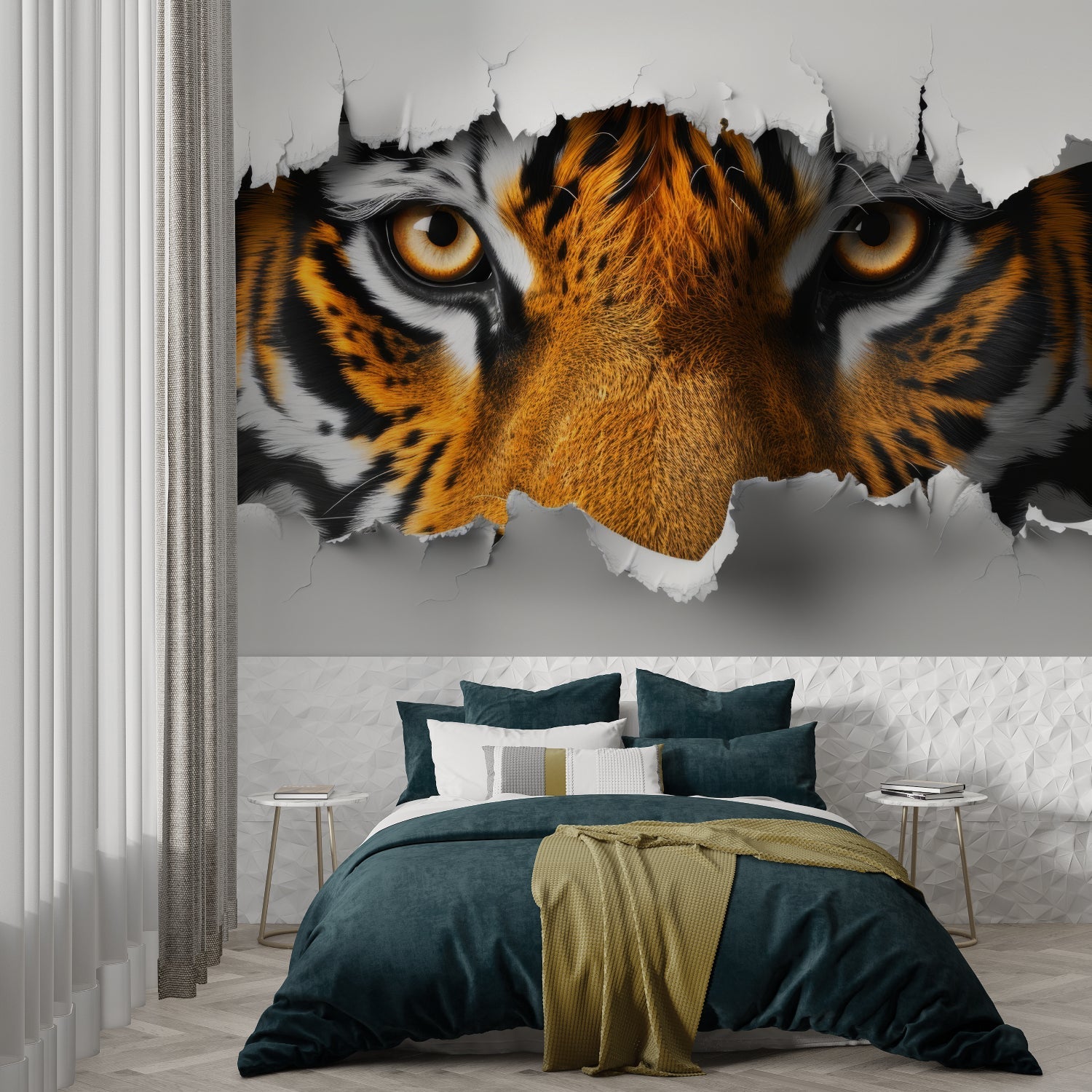 Tiger breakthrough wall mural making statement in minimalist office space