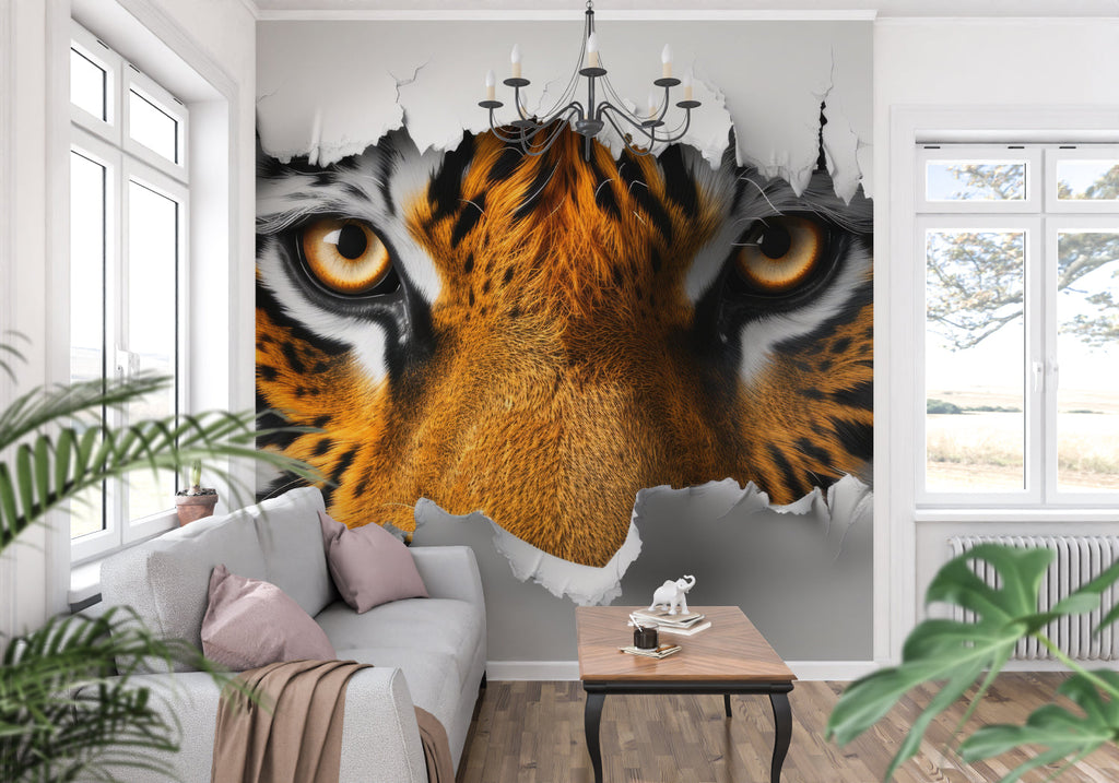 3D Tiger wallpaper bringing wild energy to contemporary bedroom setting