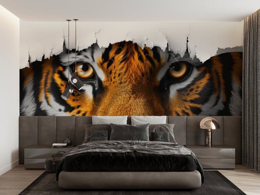 Dramatic tiger eyes mural transforming urban loft space with industrial decor
