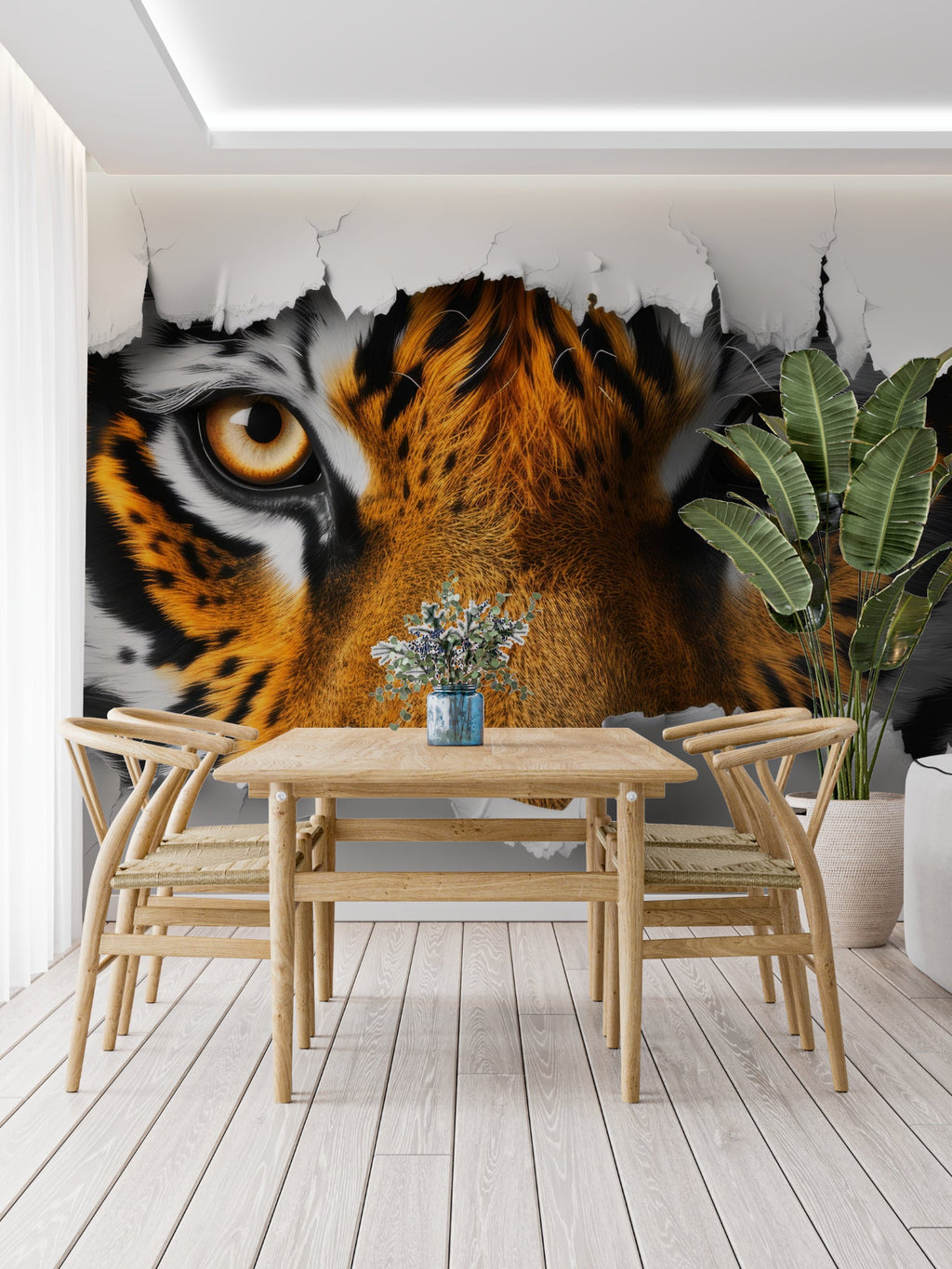 Tiger breaking through wall design enhancing modern gaming room setup