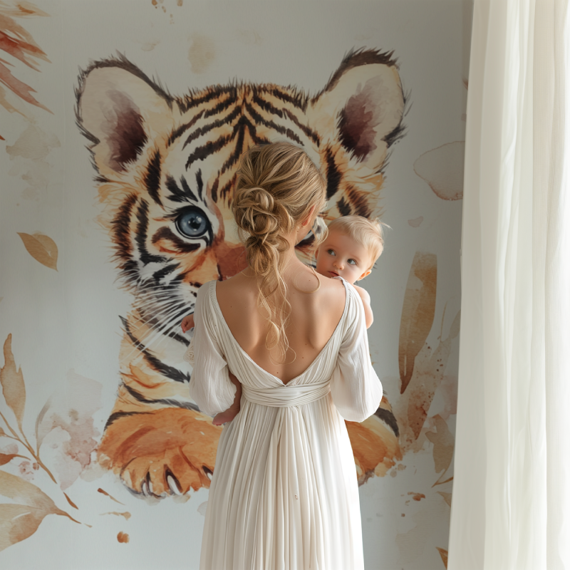 Baby Tiger Wallpaper creates a dreamy atmosphere in a modern nursery with soft natural lighting