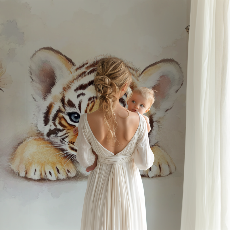 Tiger cub wallpaper creating a magical atmosphere in a bright nursery with white furniture