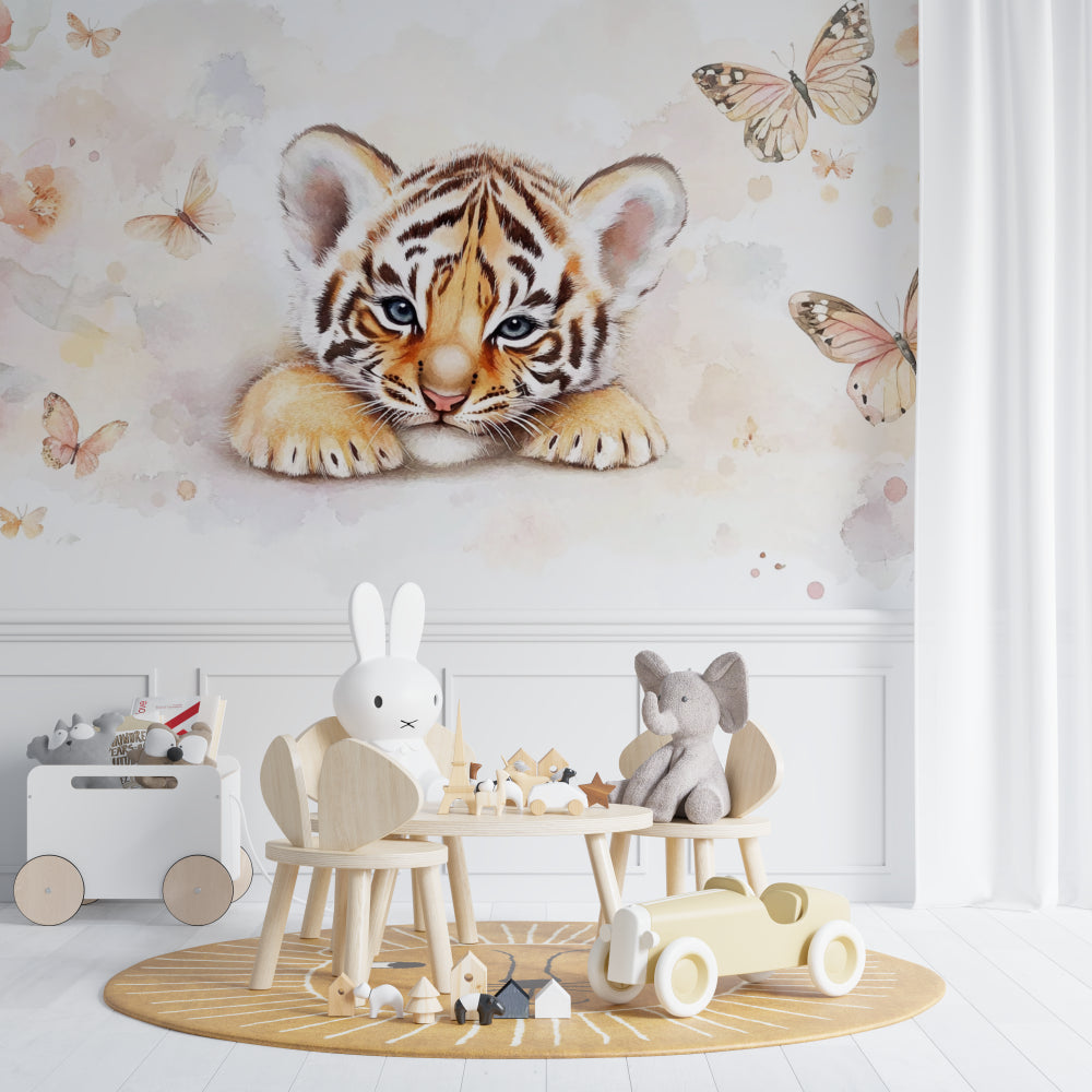 Tiger and butterfly wallpaper brightening a cozy reading nook in kids room