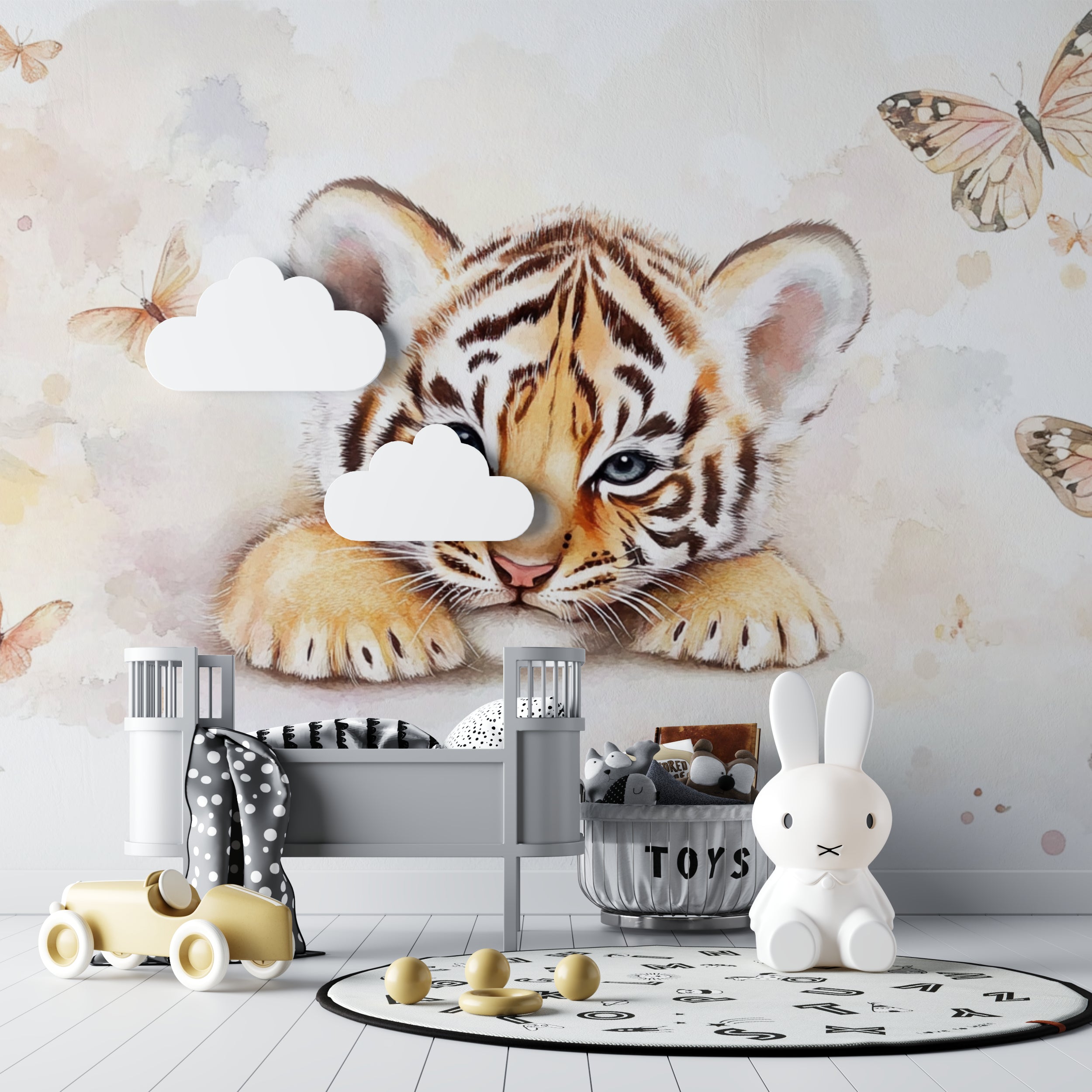 Wildlife nursery wallpaper showcased in a peaceful baby room setting