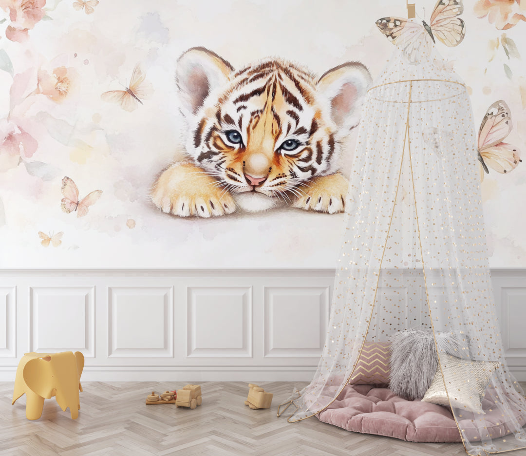 Baby tiger mural creating depth in a playful toddler bedroom space
