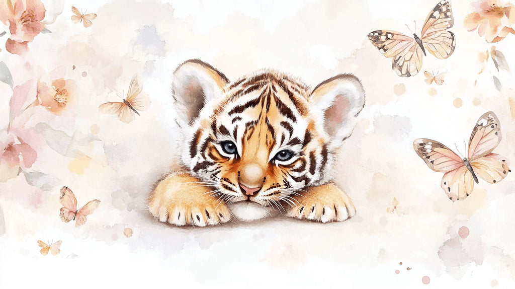 Design file showing detailed baby tiger and butterfly pattern with soft beige background
