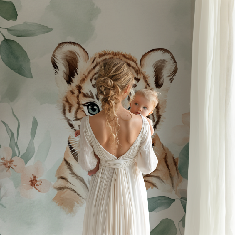 Baby Tiger wallpaper in a gender-neutral nursery with wooden accents