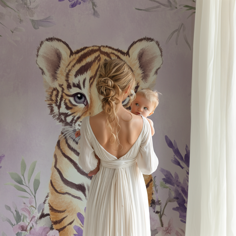 Purple floral tiger mural creating a cozy reading nook in a child's bedroom