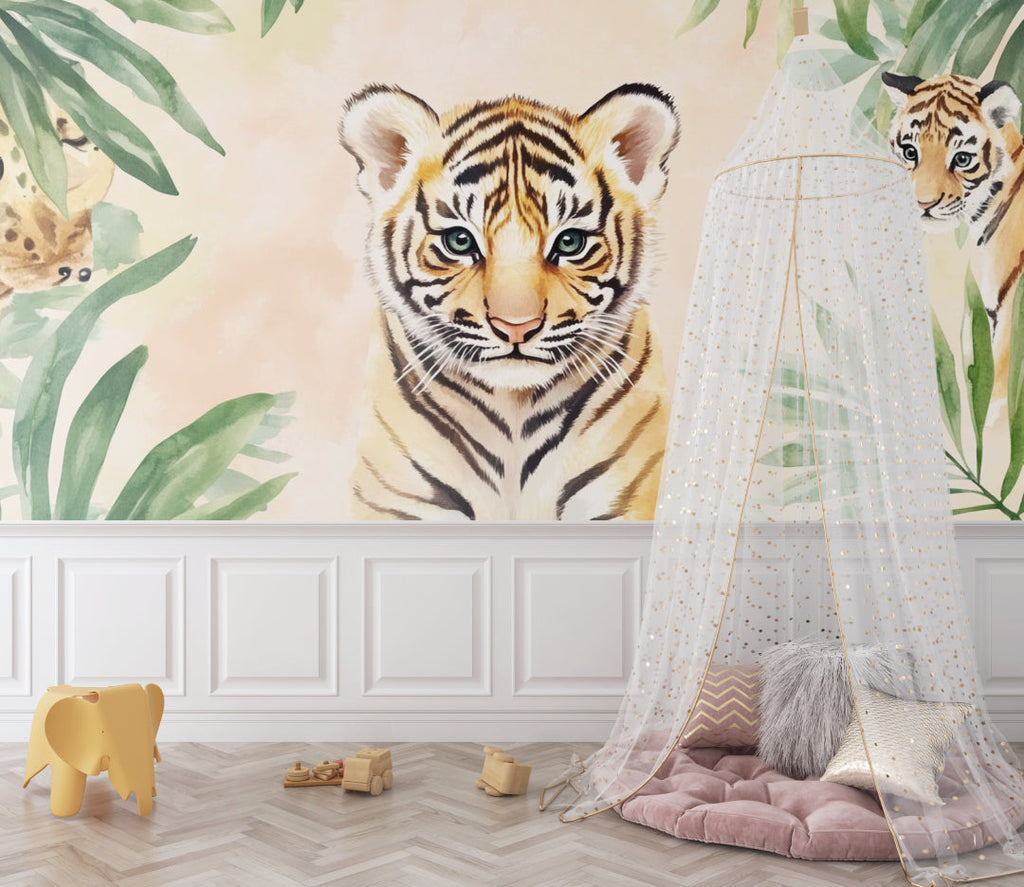 Baby tiger wallpaper creating focal point in playroom setting