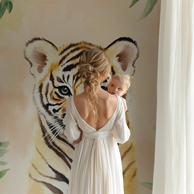 Tiger cub wall mural in minimalist children's bedroom