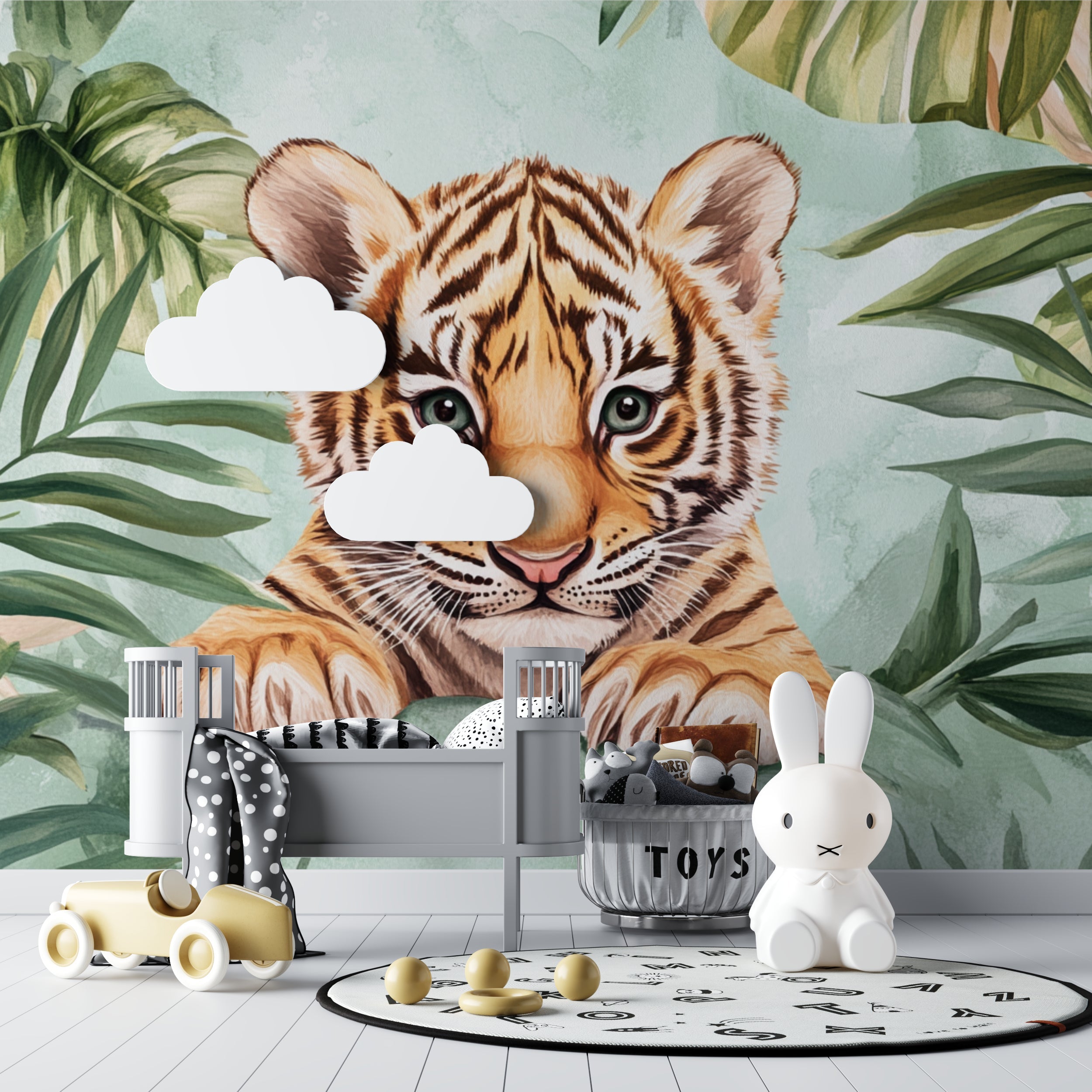 Baby tiger mural adding character to a kid's bedroom with matching decor