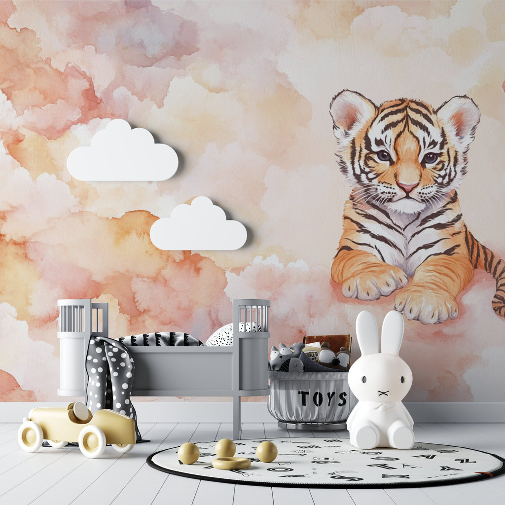 Watercolor tiger mural creating focal point in gender-neutral bedroom setup