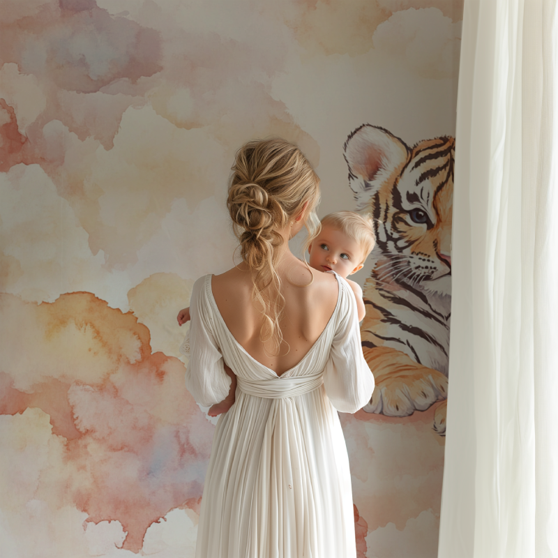 Baby tiger mural showcased in modern children's bedroom with wooden furniture