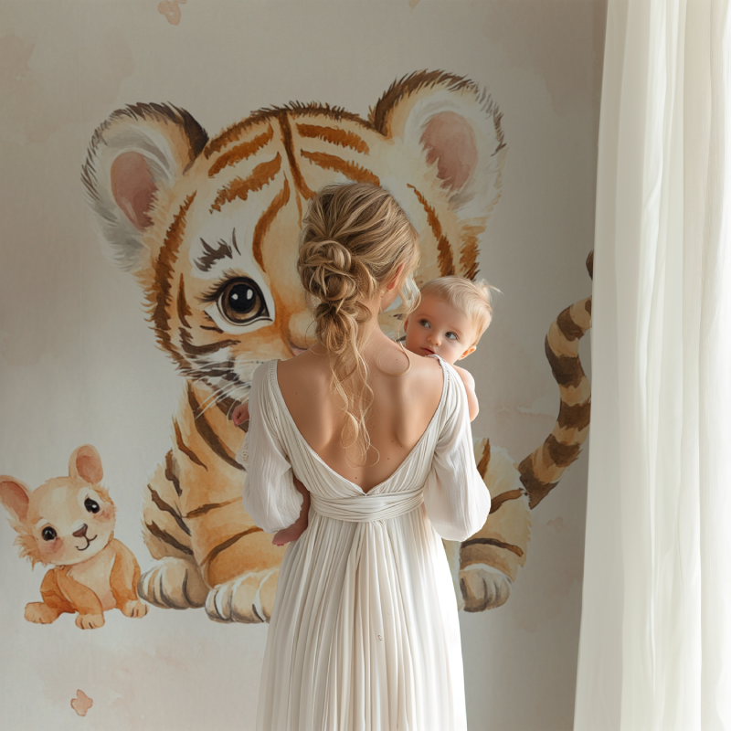 Baby Tiger Watercolor Wallpaper in a cozy nursery with white furniture and soft lighting