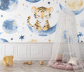 Tiger nursery wallpaper displayed in a cozy baby room with soft lighting