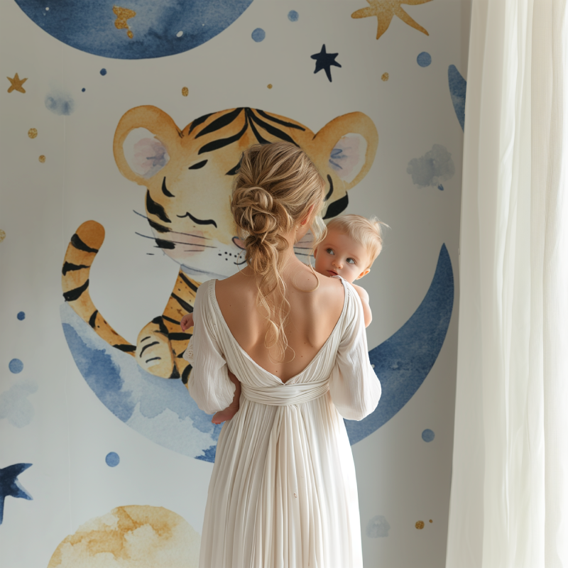 Baby tiger wallpaper in a modern nursery with golden accents