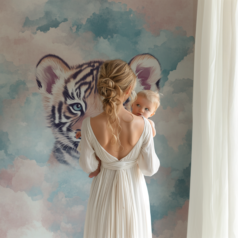 Kids bedroom featuring tiger wall mural, natural lighting highlighting the dreamy pastel colors