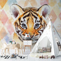 Modern Tiger Wallpaper creating a stunning accent wall in a contemporary living room with pastel furniture