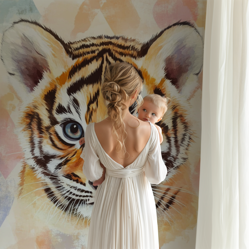 Tiger Wall Mural bringing character to a minimalist bedroom with geometric decor