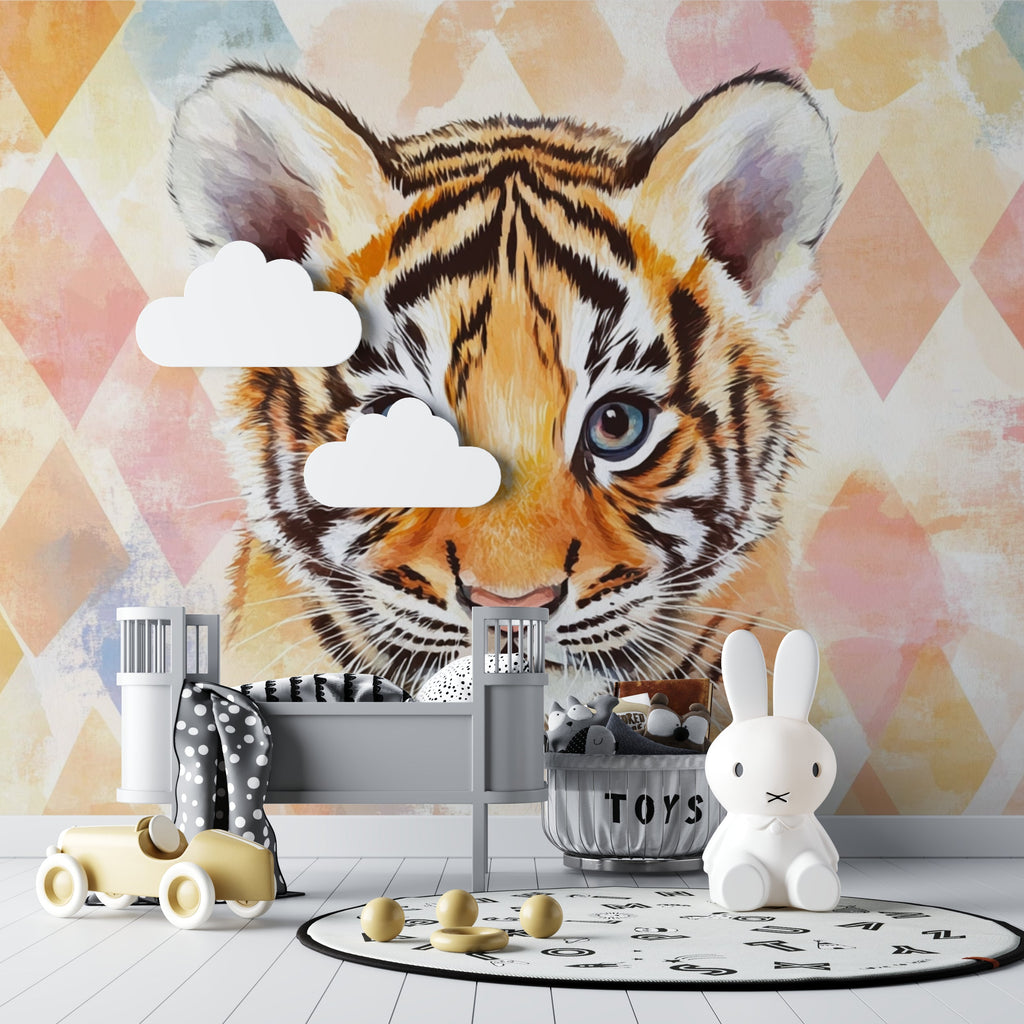 Geometric Tiger Wallpaper making a statement in a child's playroom with soft lighting