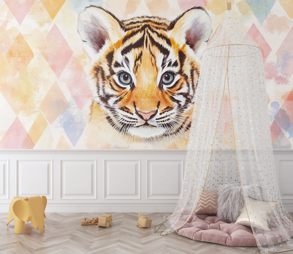 Tiger Portrait Mural adding sophistication to a home office with modern furnishings