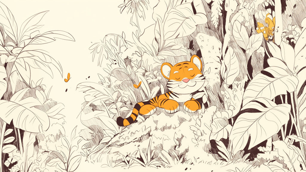 Tiger Line Art Wallpaper design file showing detailed jungle pattern with baby tiger character