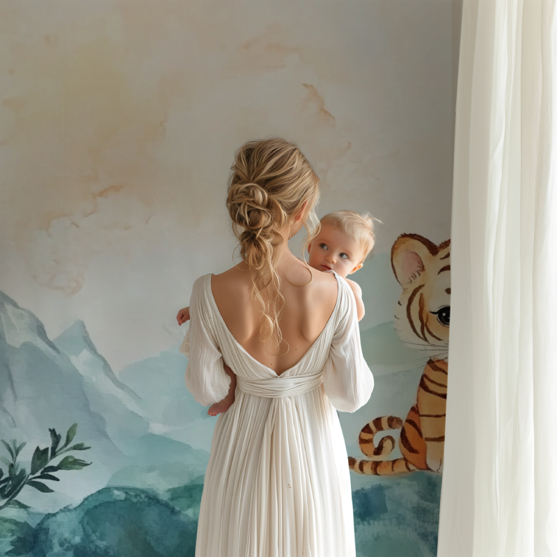 Baby tiger wallpaper mural styled in modern nursery with white furniture and soft textiles