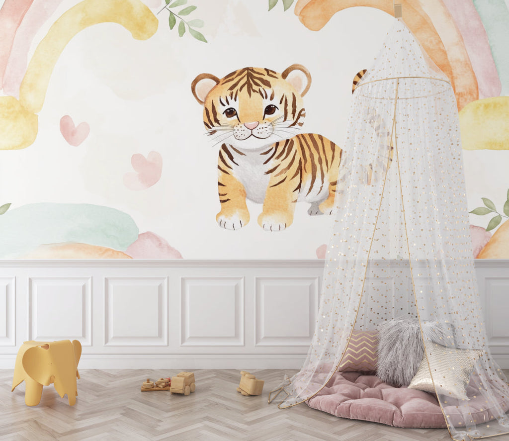 Tiger nursery wallpaper adding warmth to a reading nook with soft furnishings