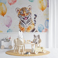 Baby Tiger Wallpaper in bright nursery with white furniture showing playful design and floating balloons