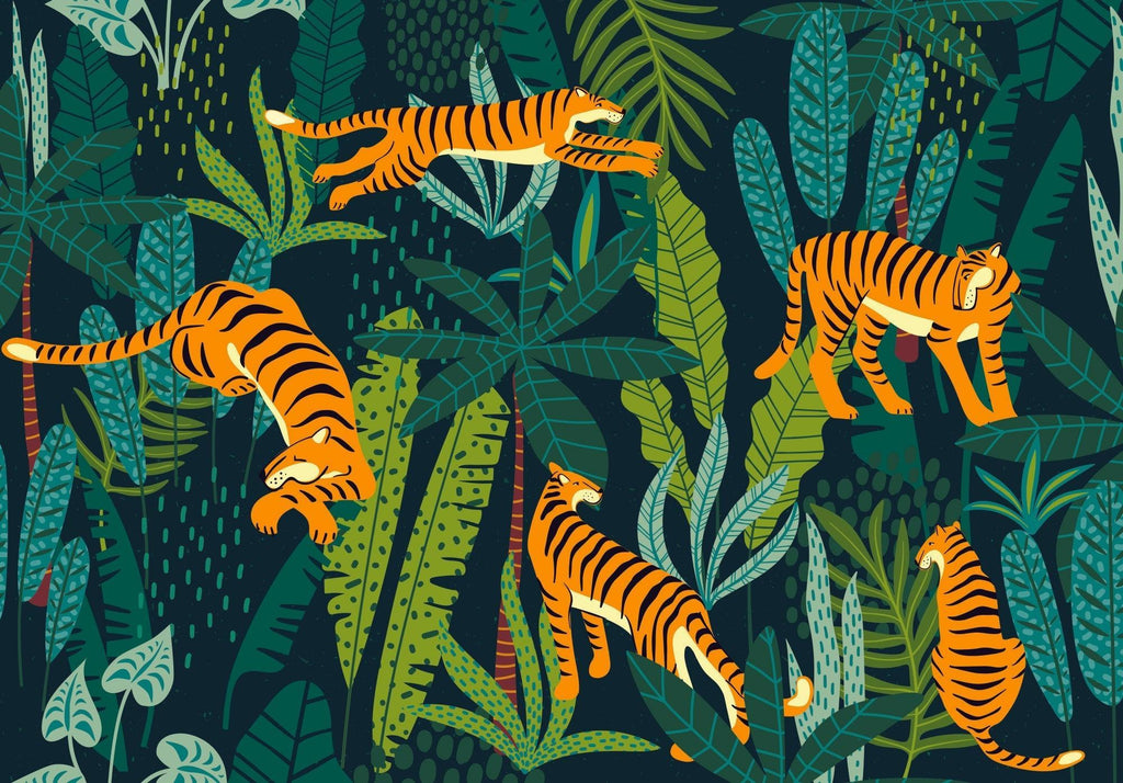 Design file of tiger and tropical leaves pattern showing intricate detail and vibrant colors