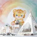 Baby Tiger Watercolor Wallpaper in bright nursery with white furniture and rainbow accents