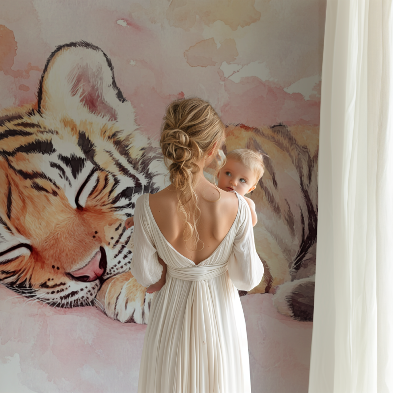 Sleeping tiger wallpaper bringing warmth to a modern bedroom