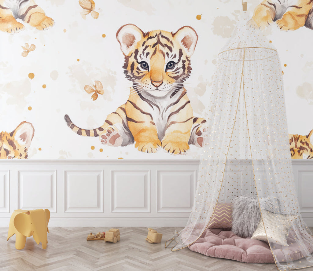 Baby tiger wallpaper in a cozy nursery with soft lighting and wooden furniture