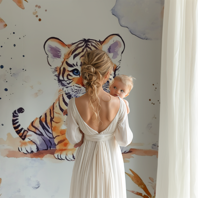 Watercolor Tiger Mural in modern kids bedroom with reading nook