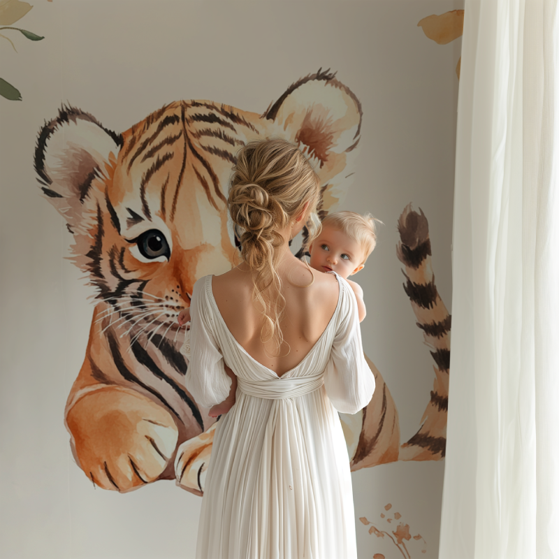 Baby tiger mural in neutral nursery with minimalist decor