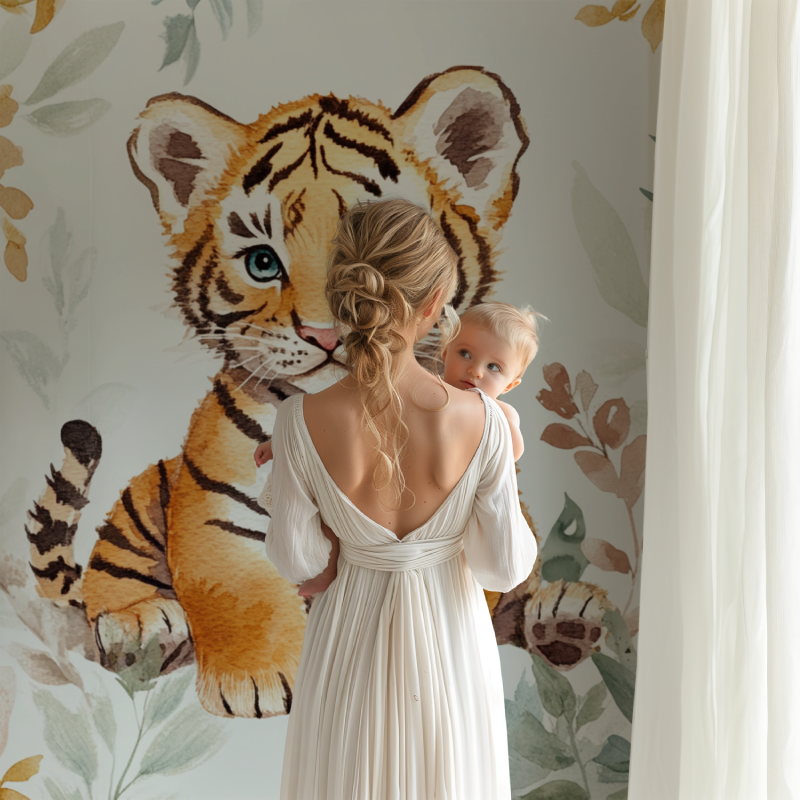 Tiger cub mural showcased in reading nook with comfortable seating