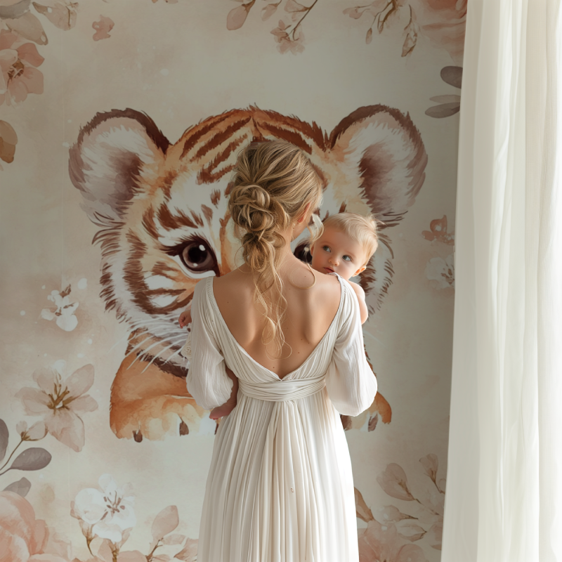 Baby tiger wallpaper creating a focal point in a modern children's playroom