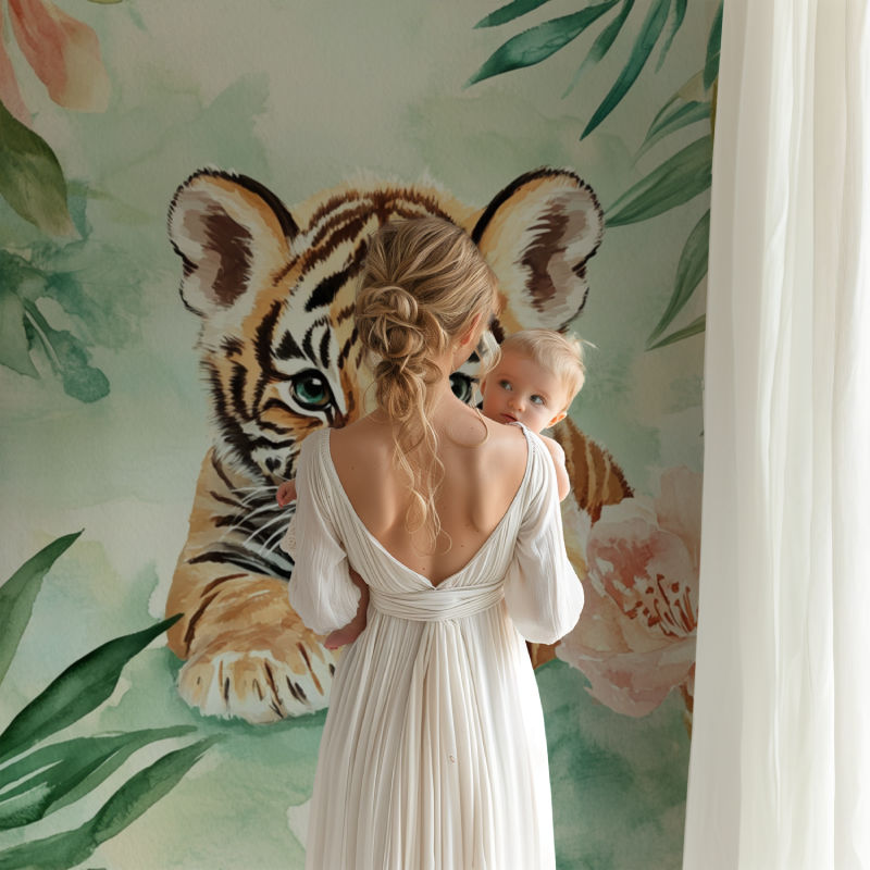 Jungle tiger mural in baby room with wooden accents and pastel decor