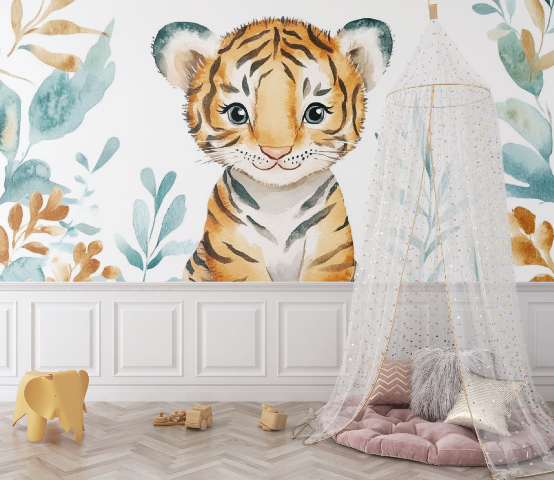 Watercolor Tiger Cub Wallpaper creating a magical atmosphere in a modern nursery with soft natural lighting
