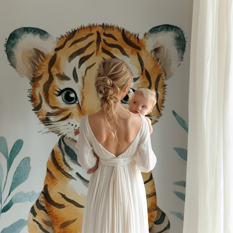 Baby Tiger Wallpaper bringing charm to a child's reading nook with cozy furniture