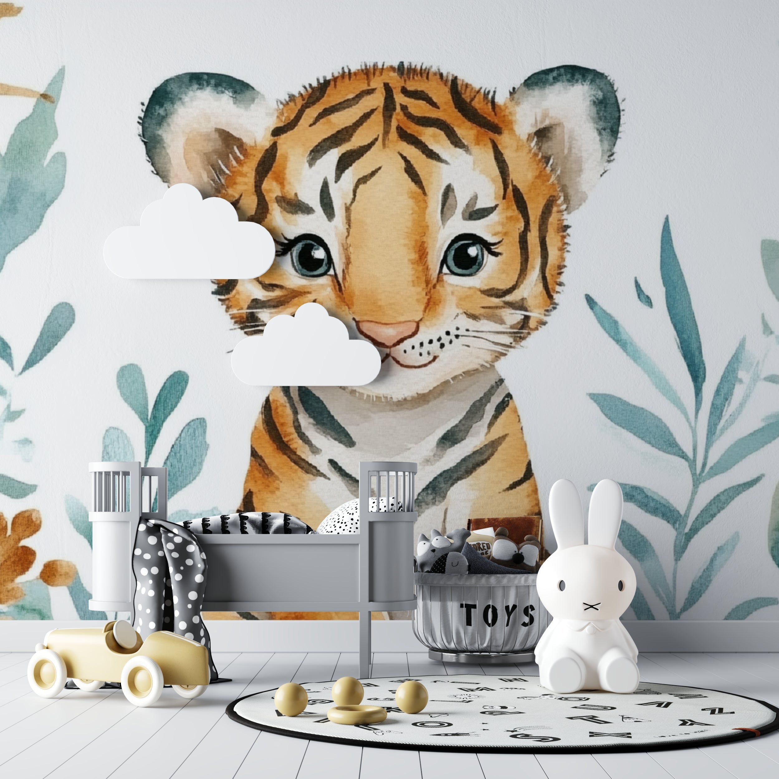 Jungle Tiger Cub Mural adorning a playroom wall with gentle watercolor details
