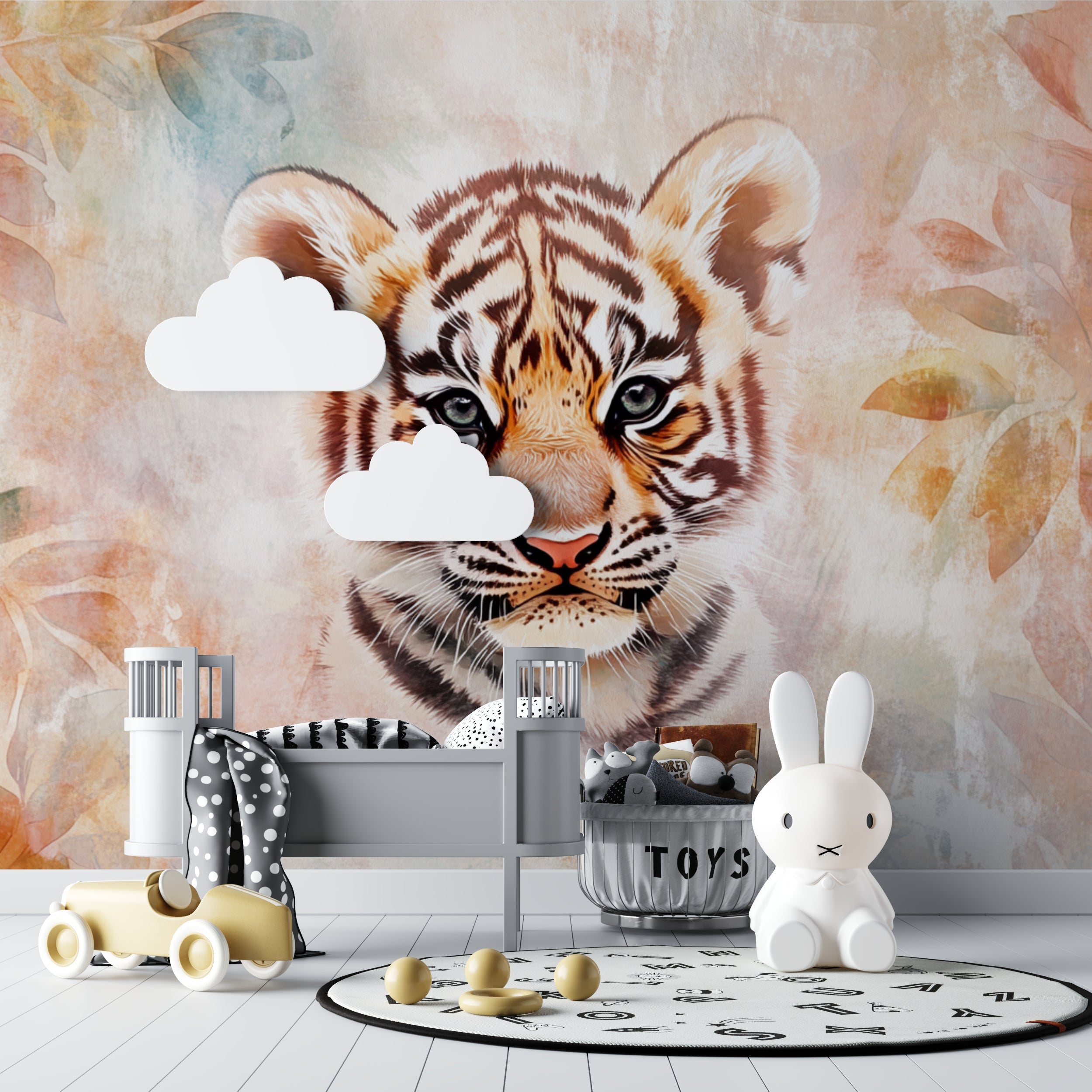 Watercolor tiger mural in cozy children's reading nook with floor cushions