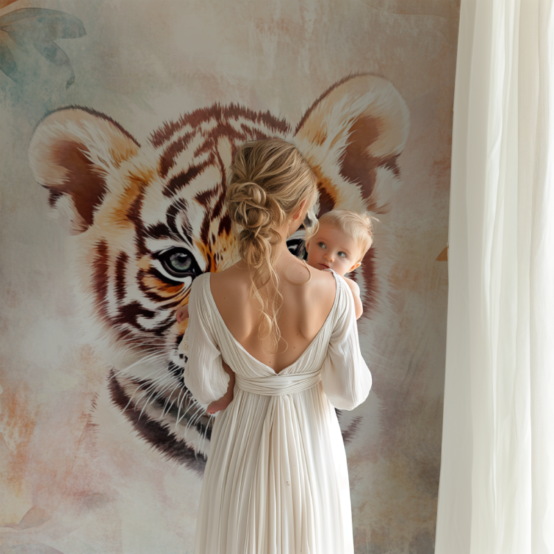 Tiger cub wallpaper creating focal point in minimal bedroom setting