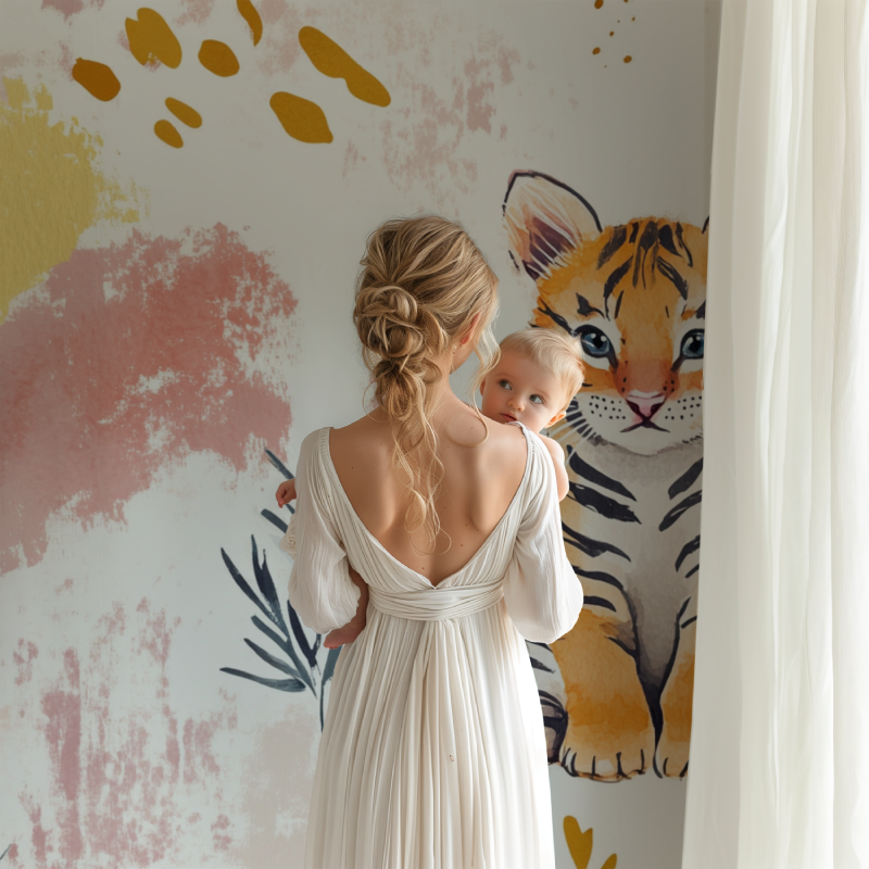 Tiger wall mural in baby nursery showcasing the soft pink and yellow tones