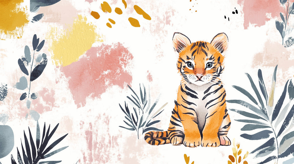 Tiger wallpaper design file showing full pattern with watercolor effects and golden abstract elements