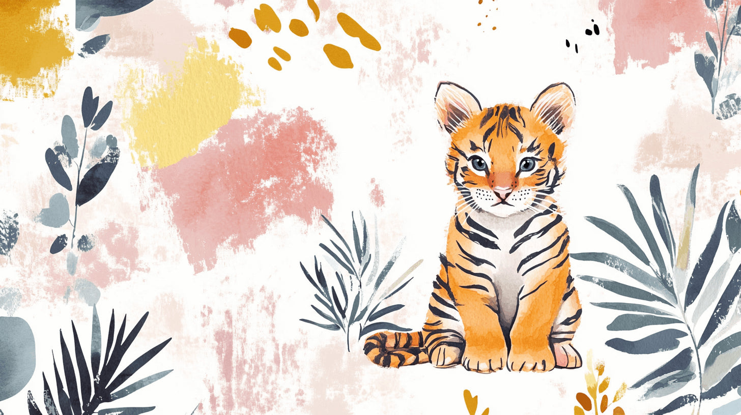 Tiger wallpaper design file showing full pattern with watercolor effects and golden abstract elements